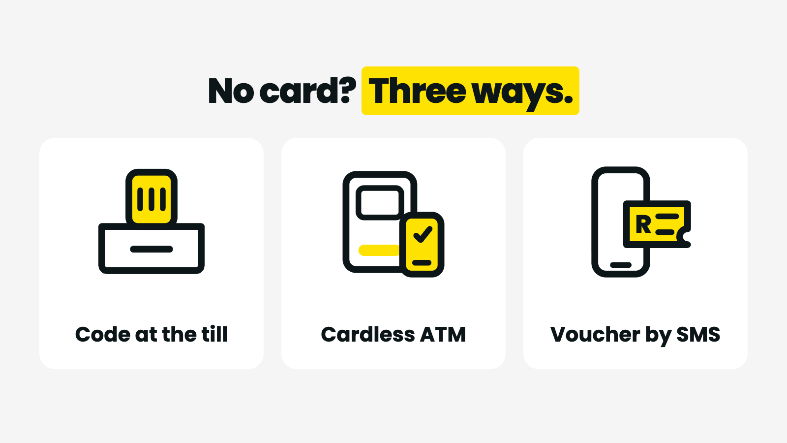 Three ways to withdraw money without a card in South Africa — an app code at the till, cardless ATM, or a voucher sent to a phone number