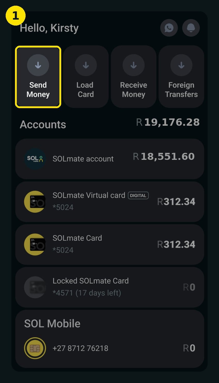 Step 1 of sending an eWallet in South Africa — the Send Money button on the SOLmate app home screen