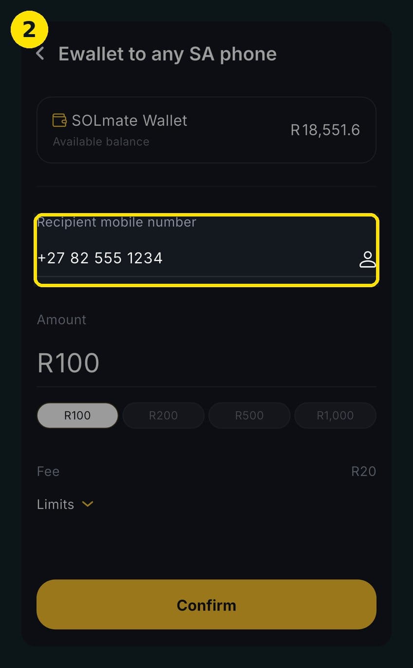 Step 2 of sending an eWallet in South Africa — entering the recipient's cellphone number in the SOLmate app