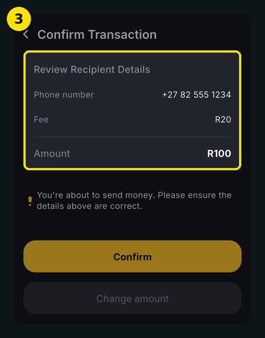 Step 3 of sending an eWallet in South Africa — reviewing the amount, fee and recipient number before confirming in the SOLmate app