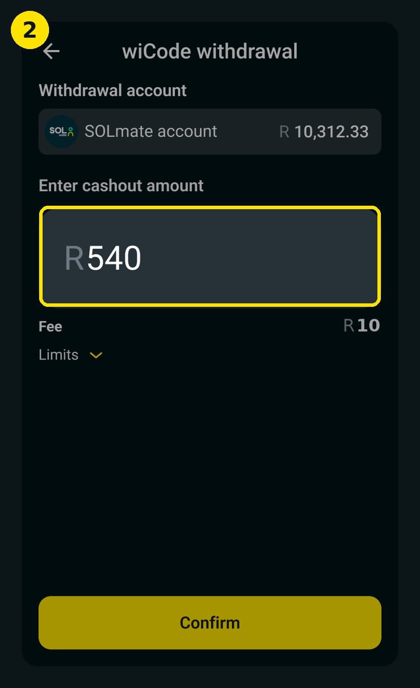 Step 2 of a wiCode withdrawal — entering the amount and generating the code in the SOLmate app